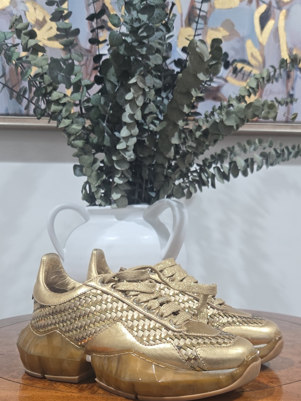 Jimmy Choo Metallic Gold Woven Platform Sneakers